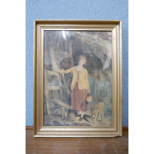 307 - English School (early 19th Century), girl and dog by a stile, watercolour, framed