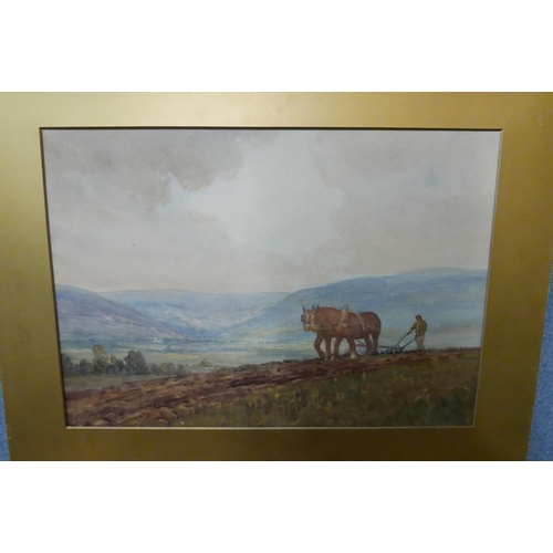 309 - J.W. Kelly, rural landscape with farmer ploughing fields, watercolour, dated 1925, unframed