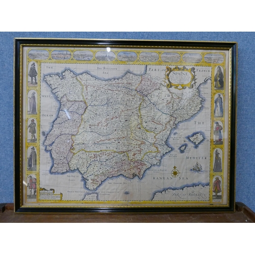 314 - A 17th Century John Speed engraved map; Spaine, framed