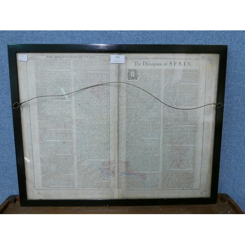 314 - A 17th Century John Speed engraved map; Spaine, framed