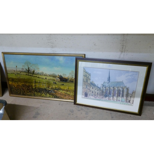 317 - David Short, rural landscape, oil on canvas and a limited edition print of Exeter College, Oxford