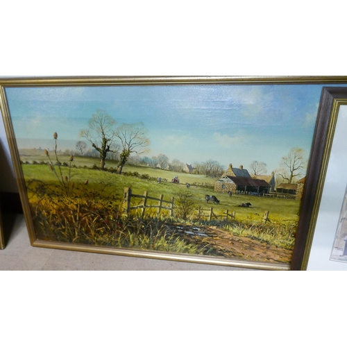 317 - David Short, rural landscape, oil on canvas and a limited edition print of Exeter College, Oxford