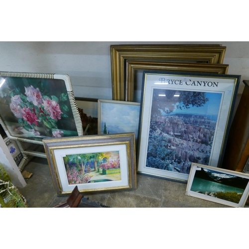 329 - Assorted prints, picture frames, a painting and a fire screen