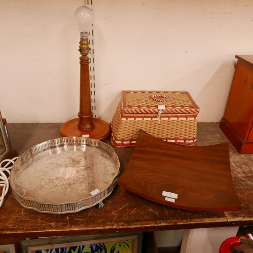 339 - A teak fruit bowl, a teak table lamp, a wicker sewing basket and a plated salver