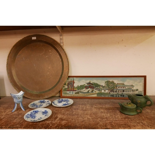 343 - A collection of items, including a framed Chinese silk, a large eastern, a small Chinese earthenware... 