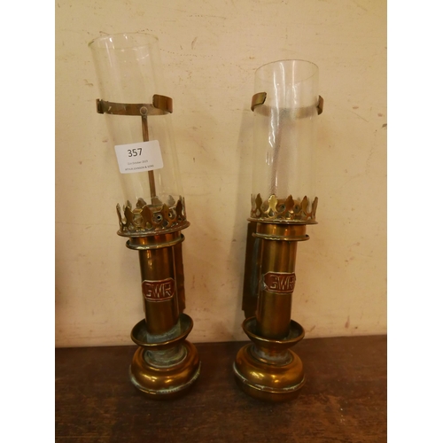 357 - Two G.W.R. brass railway carriage lamps