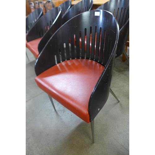 57 - A set of six Phillipe Starck style bent plywood, chrome and red vinyl chairs