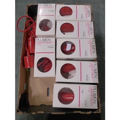 3186 - Eight Red Screw-In Plumen Drop Caps & Pendant Sets (27) plus quantity of misc. ceiling lights/shades... 