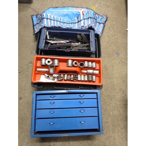 2035 - Two plastic tool boxes including an assortment of tools including a quantity of spanners, a small wo... 