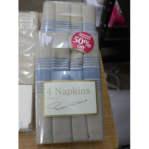 2124 - A Peggy Wilkins tablecloth and napkins and a pair of Curting fully lined luxury curtains