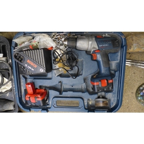 2060 - A Makita BHR200 24v cordless breaker drill and two 24v batteries, a Bosch GSB 14.4 VE 2 Pro cordless... 