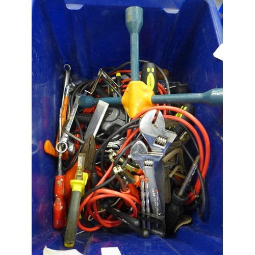 2066 - Two boxes of mixed tools and other items including a large quantity of sockets, adjustable spanners,... 