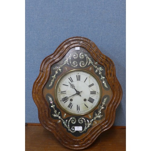 334 - A French hardwood mother of pearl inlaid Vineyard wall hanging clock