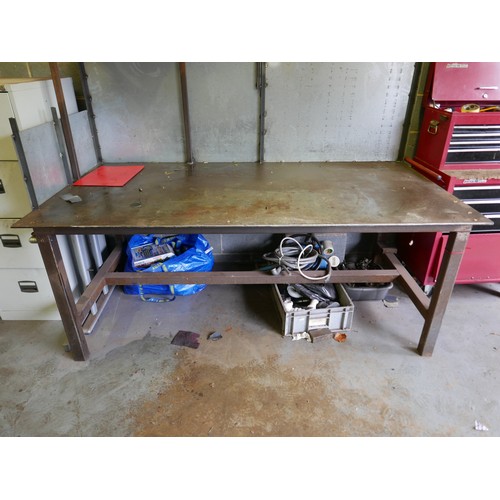 14 - A heavy-duty steel workbench with steel backboard. Item is offered for sale in situ at Strelley, Not... 