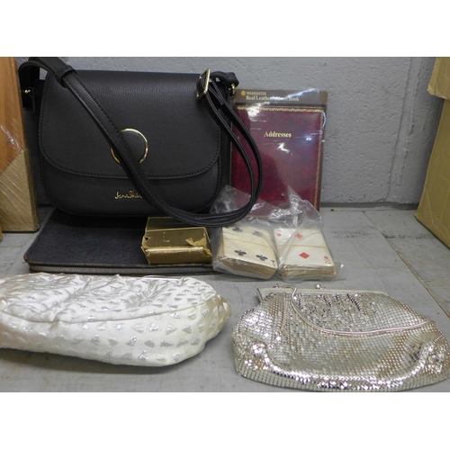 1114 - A Jane Shelton handbag, two evening bags, playing cards, etc.