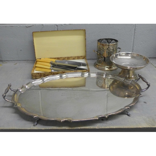 1131 - A collection of plated ware including three large engraved trays **PLEASE NOTE THIS LOT IS NOT ELIGI... 