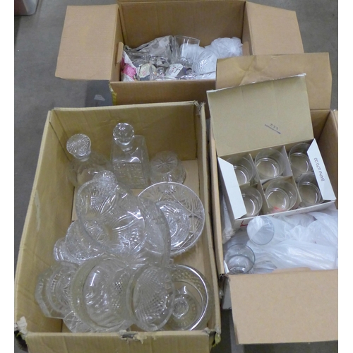 1134 - Three boxes of glass and crystal including two cut crystal vases, a collection of drinking glasses, ... 