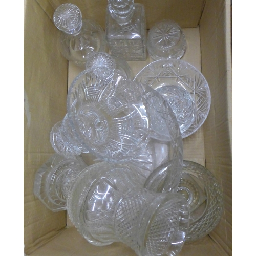 1134 - Three boxes of glass and crystal including two cut crystal vases, a collection of drinking glasses, ... 