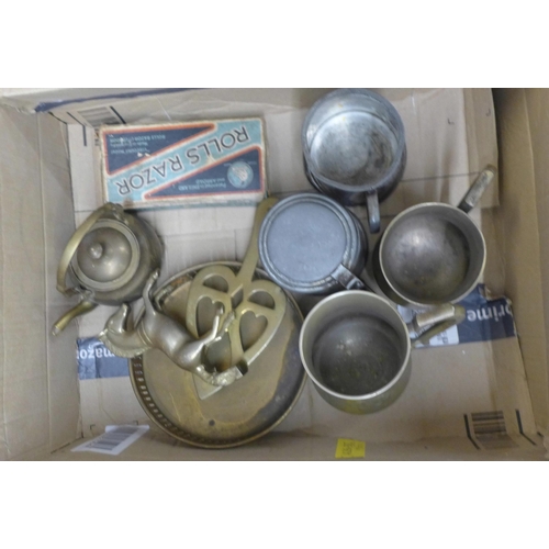 1137 - A box of pewter, brassware and a Rolls razor **PLEASE NOTE THIS LOT IS NOT ELIGIBLE FOR POSTING AND ... 