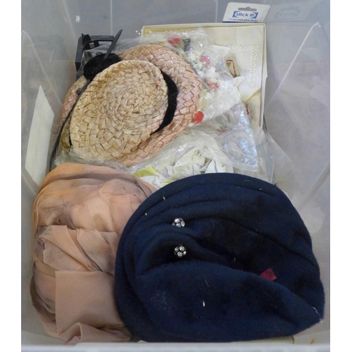 1141 - A box of mixed lady's hats, haberdashery, two sewing boxes with buttons and haberdashery, sewing pat... 