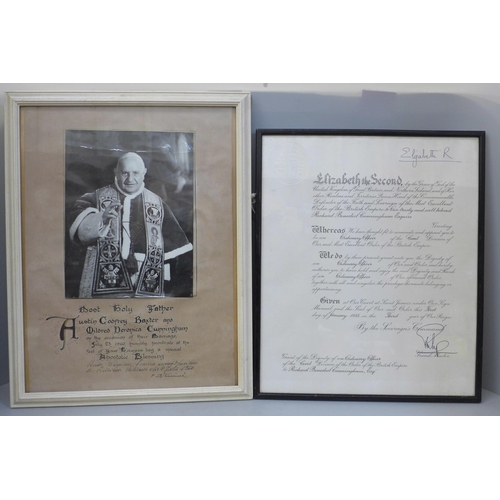 604 - A Civil OBE Award Certificate, 1955, and a framed marriage blessing, 1960