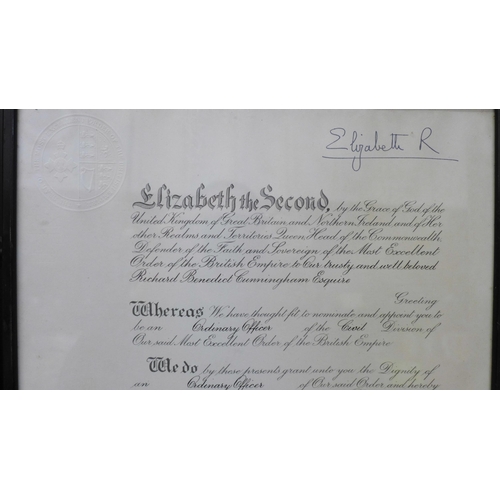 604 - A Civil OBE Award Certificate, 1955, and a framed marriage blessing, 1960