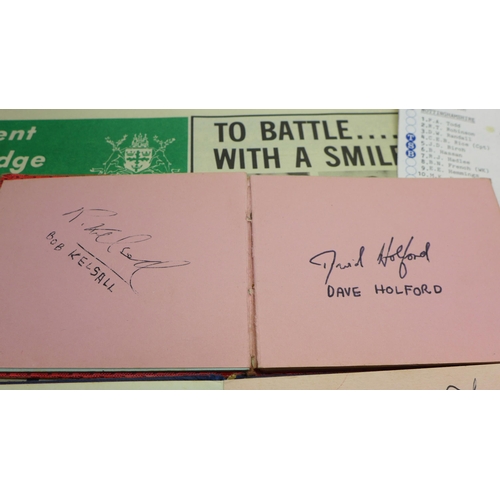 616 - A folder of cricket ephemera and two late 1960s early 1970s autograph books including local cricket ... 