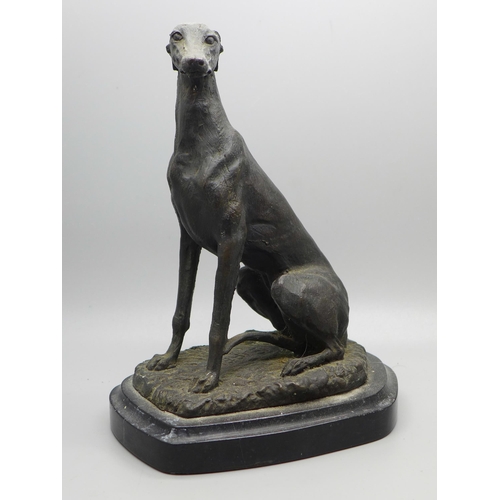 617 - A model of a lurcher on a marble plinth, 19cm