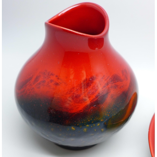 620 - A Royal Doulton Flambe vase and dish, vase 11.5cm