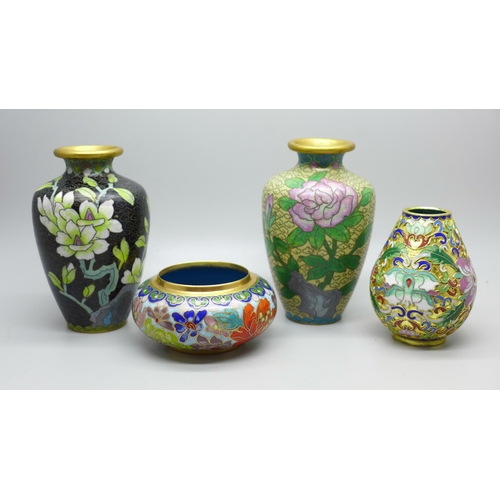 638 - Four small items of Cloisonne, three vases and a pot