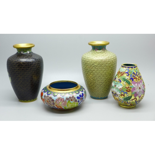 638 - Four small items of Cloisonne, three vases and a pot