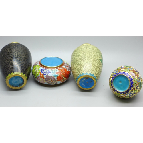 638 - Four small items of Cloisonne, three vases and a pot