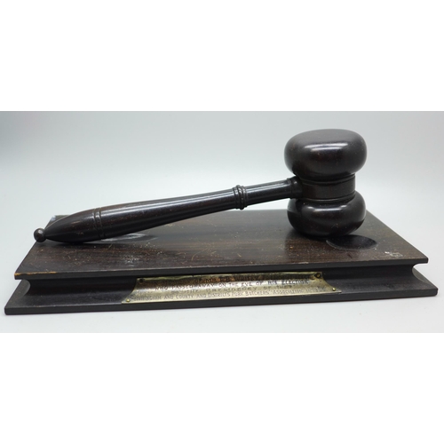 645 - A presentation gavel with base, marked Nottingham and County and District's Pork Butcher's Associati... 