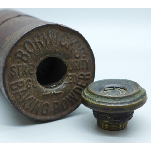 647 - A trench art type telescope made from a Borwick's baking powder tin, glass/lens cracked