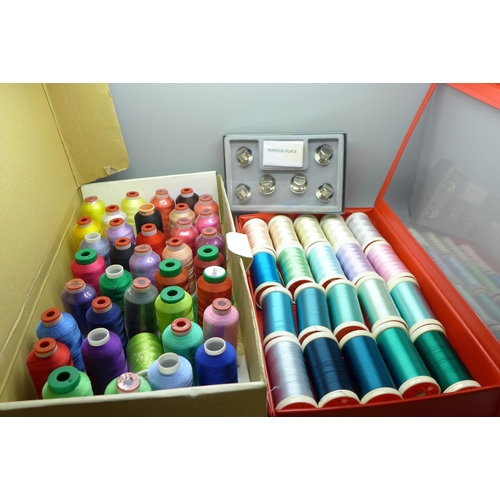 649 - A collection of 57 multi-coloured reels of hobbyist embroidery thread and a set of novelty top hat p... 