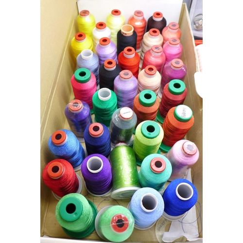 649 - A collection of 57 multi-coloured reels of hobbyist embroidery thread and a set of novelty top hat p... 