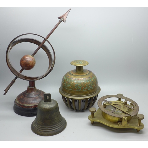 650 - A prayer bell, another bell, a modern sextant and an armillary sphere