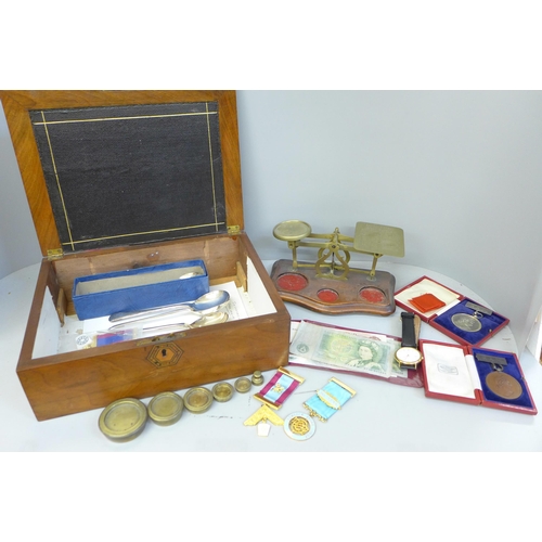 668 - Assorted items; two Royal Academy of Music medallions, postal scales and weights, six plated soup sp... 