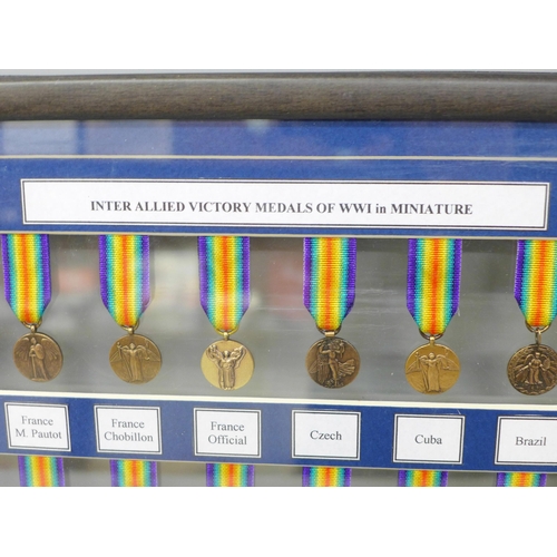 672 - A framed collection of WWI miniature medals