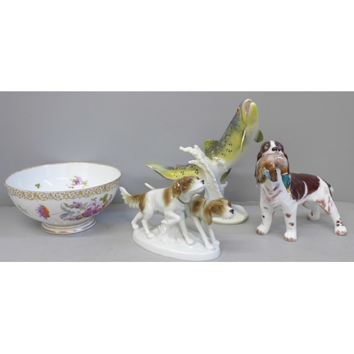 673 - A continental China bowl, a Goebel brook trout figure, a/f, (fin re-glued), and two dog figures