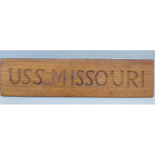 676 - A piece of teak, taken from the Quarter-Deck of the USS Missouri, the site of the signing of the sur... 