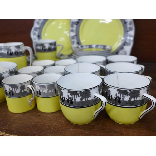 694 - Foley Silhouette china tea and coffee ware, yellow with woodland scene around rim, some a/f, (UK no.... 