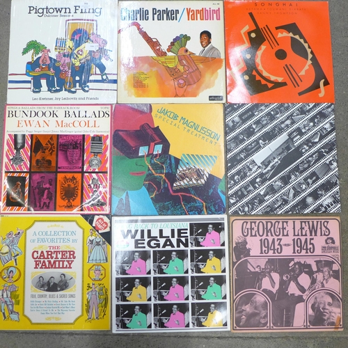 701 - Eighteen vinyl LP records, jazz, folk, traditional and fusion, artists including Charlie Parker, Dud... 