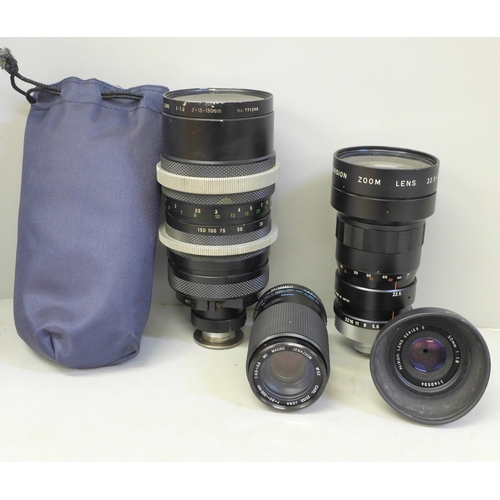 703 - Camera lenses; Apollo MC TV Lens 1:18 f=15-150mm; Cosmicar Television zoom lens 22.5-90mm 1:1.5, no.... 