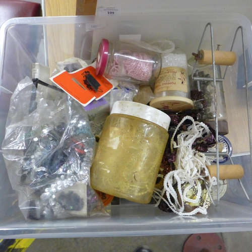 724 - A box of loose beads, sequins, dress adornments, (all sorted in jars and packets)