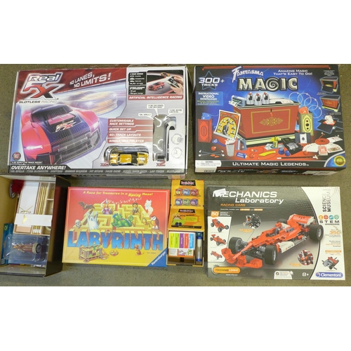 735 - A collection of board games and Marvel collectables, a magic set, a racing car set, a Mechanics Labo... 