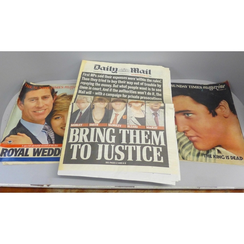 779 - Approximately fifty original newspaper front pages and magazines; Death of Elvis, Lady Diana's Weddi... 