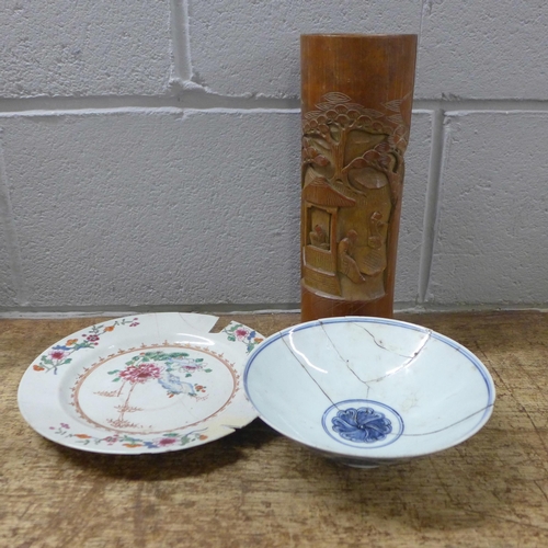 801 - A Chinese plate, dish and a bamboo vase, a/f