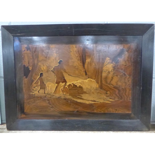 802 - A South Indian large wooden marquetry picture, c1970, 67cm wide