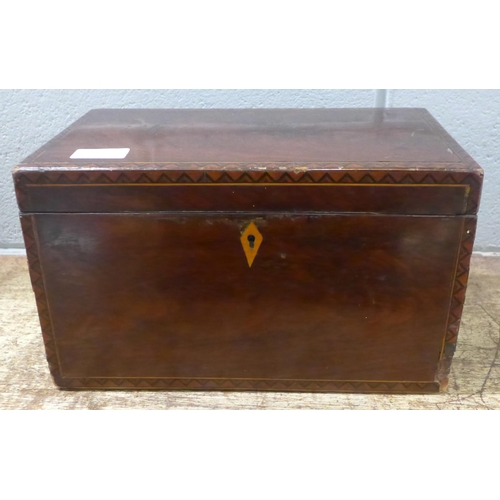 803 - A 19th Century inlaid mahogany tea caddy, 31cm wide, some a/f